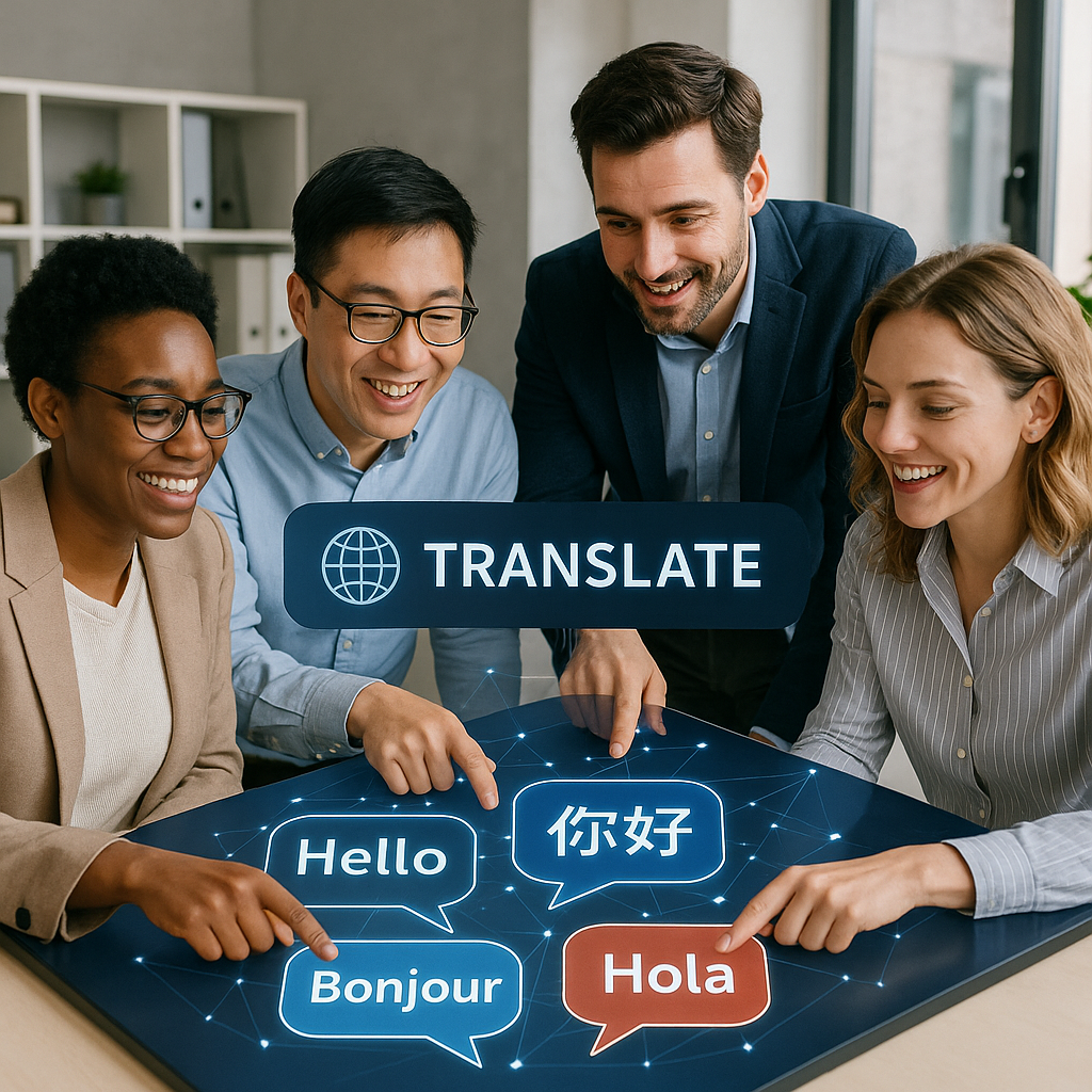 A diverse team of professionals collaborating arou