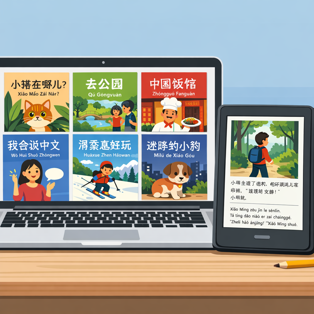 Laptop and e-reader displaying digital Mandarin graded reader book covers
